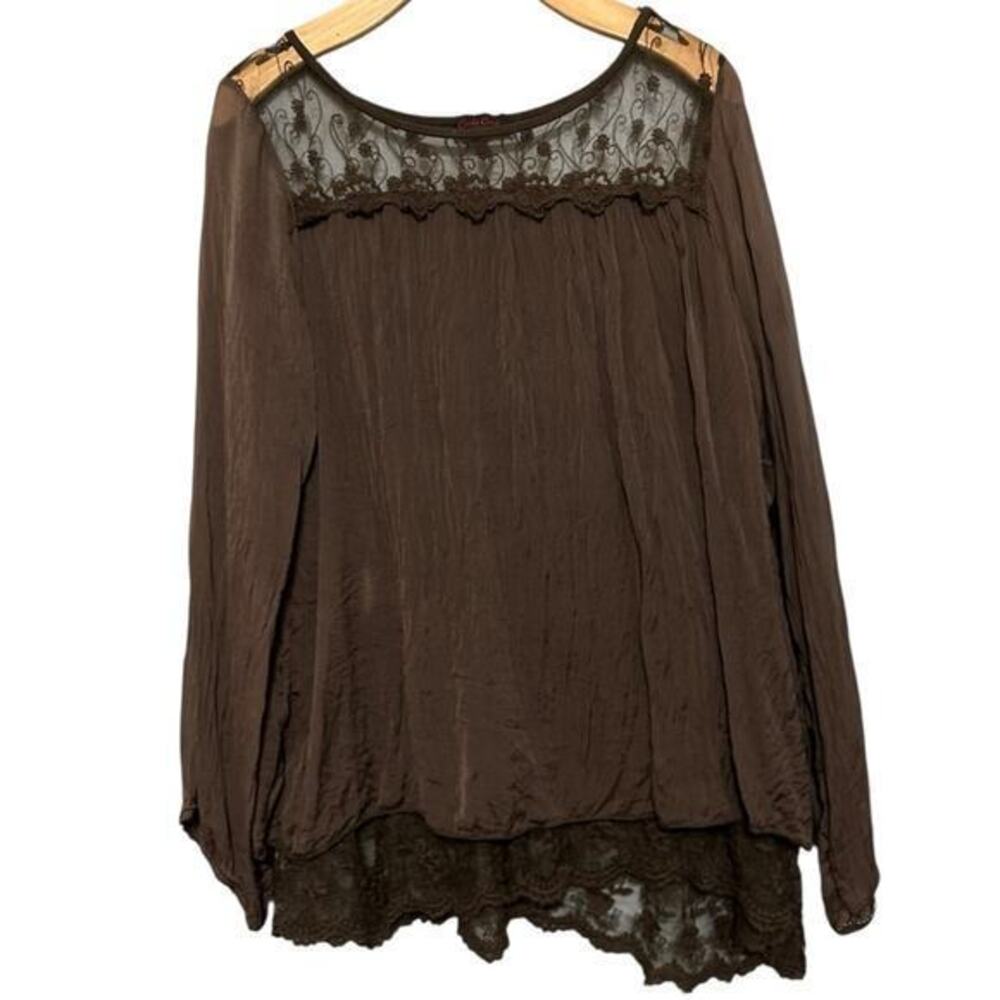 Carli Conti Women’s Sz L Brown Crinkle Silk Peakaboo Lace Hem Neckline Top Shirt